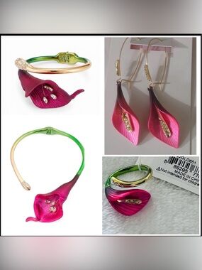Betsey Johnson Calla Lily Statement Hinge Necklace, bracelet, ring and earrings